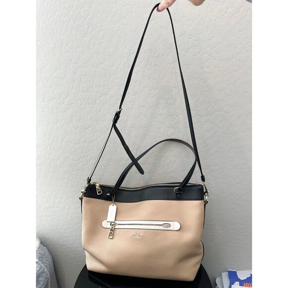 COACH | Pebbled Leather Colorblock Tote Bag F57496 Black Beige Cream - Picture 3 of 10